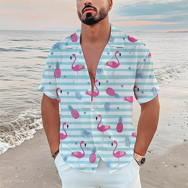 Men's Floral Flamingo Tropical Shirt Summer Hawaiian Shirt Aloha Shirt Short Sleeve Shirt Turndown Tropical Fashion Streetwear Casual Hawaiian Holiday Blue-Green Black White S M L4