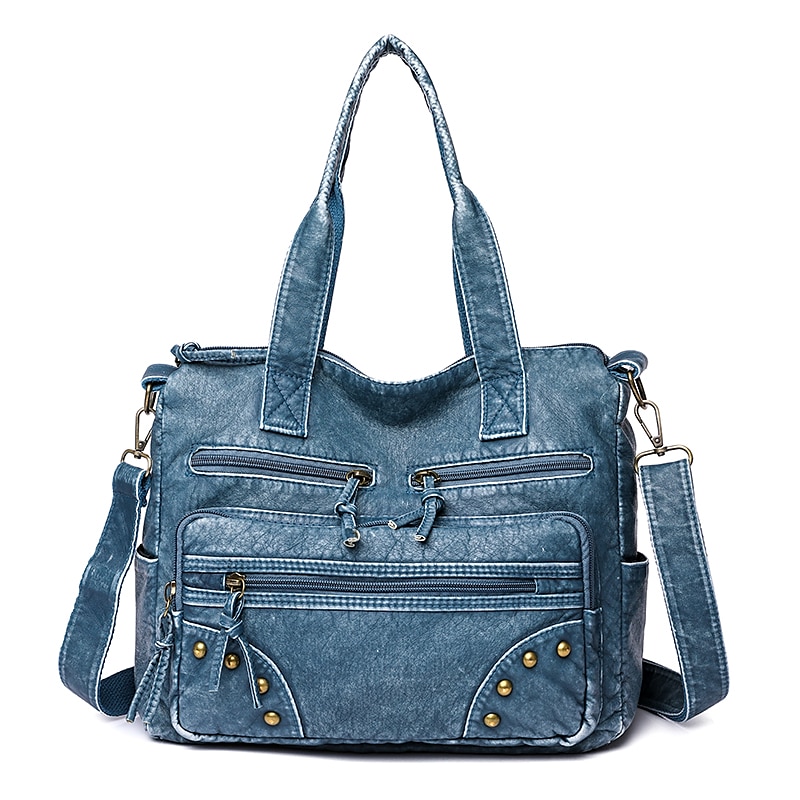 Women's Denim Blue Multi-Pocket Tote Bag - Casual Large Capacity Shoulder Bag for Daily Use and Travel