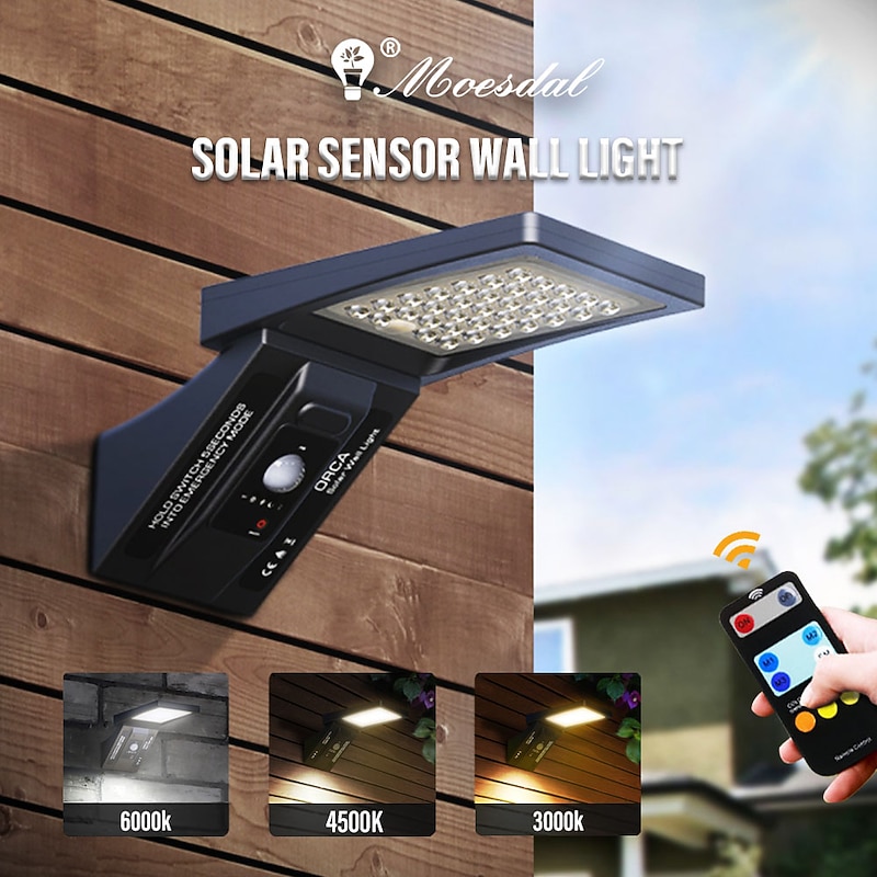 Solar Wall Lights Outdoor IP65 Waterproof with Remote Control Motion Sensor Street Light for Courtyard Garage Garden Corridor