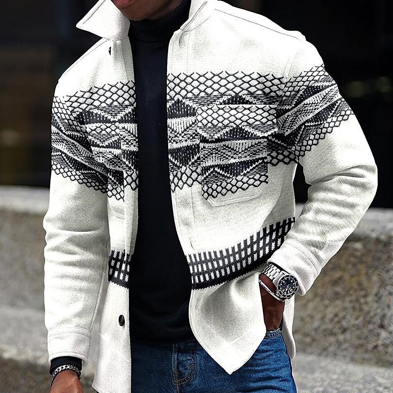 Men's Geometric Pattern Geometry Shirt Shirt Jacket Overshirt Long Sleeve Fashion Streetwear Casual Daily Sports & Outdoor Daily Wear Weekend Fall & Winter Turndown Buttons Pocket Print White