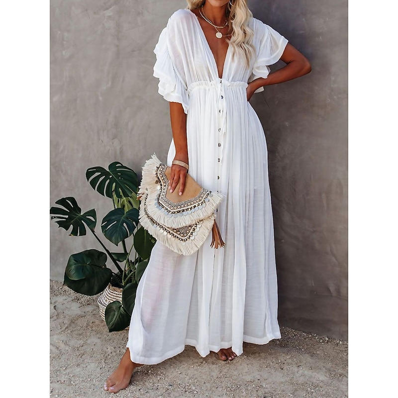 Women's Long Dress Maxi Dress Party Dress Casual Dress Swing Dress Pure Color Fashion Casual Outdoor Daily Vacation Ruffle Backless Short Sleeve V Neck Dress Loose Fit ArmyGreen White Red Summer
