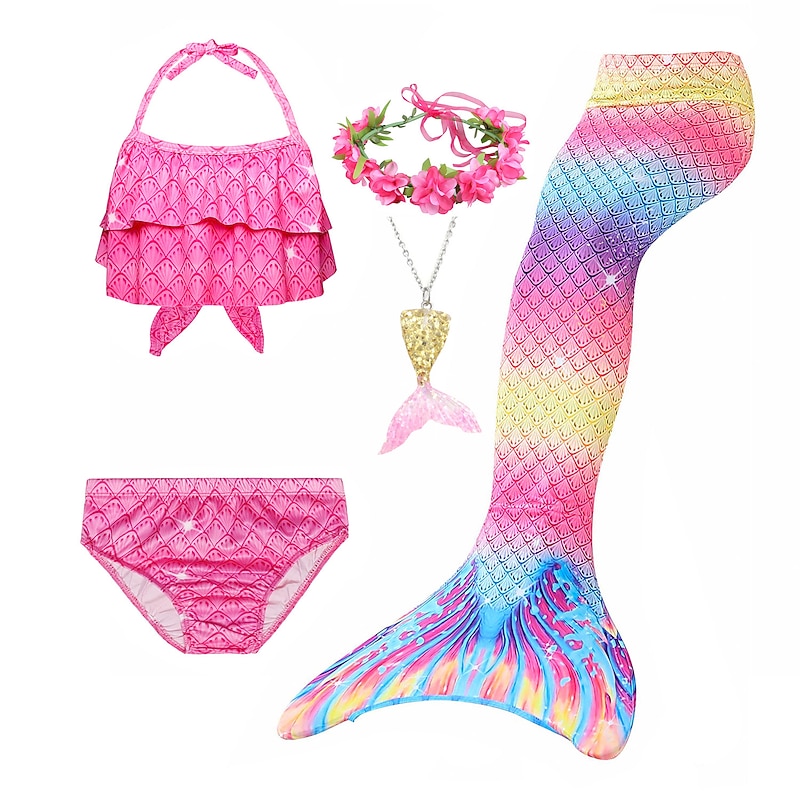 Kids Girls' Five Piece Mermaid Swimwear Swimwear Bikini Swimming Rainbow Cute Sexy Print Bathing Suits 3-10 Years Summer Watermelon Red Purple / Blue