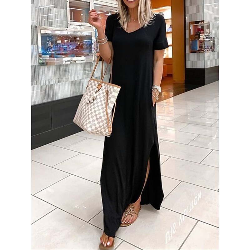 Women's Long Dress Maxi Dress Maxi Dress Black Dress Casual Dress Cocktail Dress Formal Dress Basic Casual Outdoor Daily Going out Regular Fit Plain Short Sleeve V Neck Black Wine Blue Summer Spring