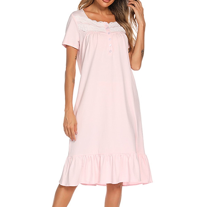 Women's Pajamas Nightgown Dress Pure Color Simple Basic Casual Home Daily Bed Cotton Breathable Square Neck Short Sleeve Dress Button Summer Spring Ho