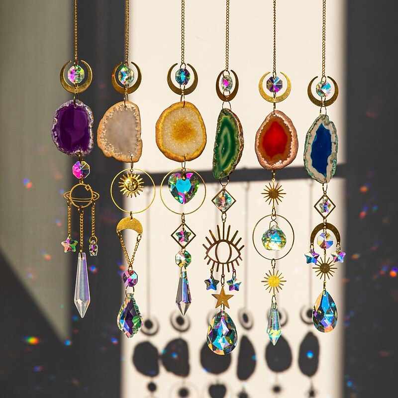 Agate Slice Geode Crystal Sun catcher, Rainbow Maker, Hanging Crystal Window Prism, Witch Suncatcher Windchime Wall Decor, Boho Home Decor3