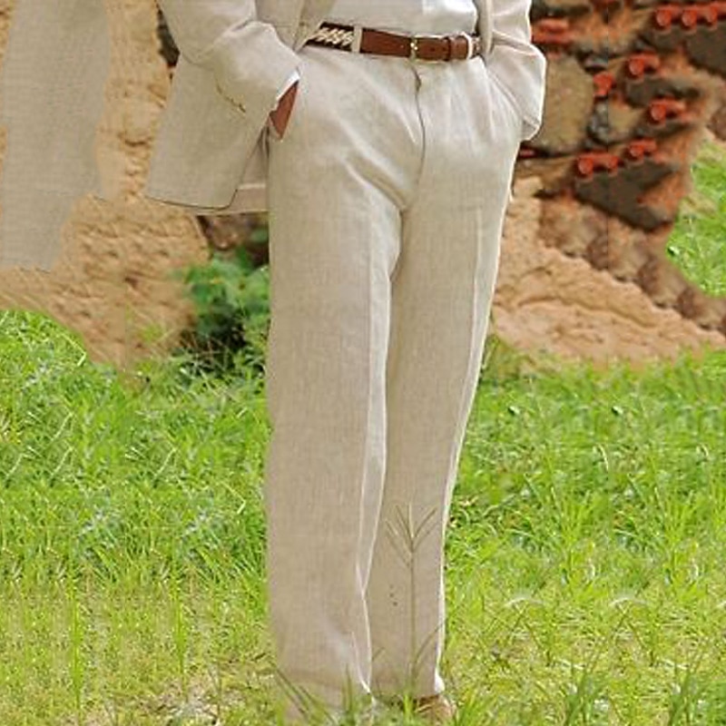 Men's Linen Pants Trousers Dress Pants Summer Pants Beach Pants Pocket Straight Leg Plain Comfort Breathable Outdoor Daily Streetwear Stylish Casual Black Navy Blue Inelastic