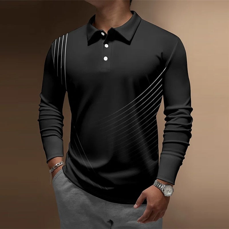 Men's Geometric Polo Shirts Golf Shirt Long Sleeve Polo Shirts Collared Shirts Business Casual WorkWear Formal Wear Festival Wear 3D Print Buttons Black