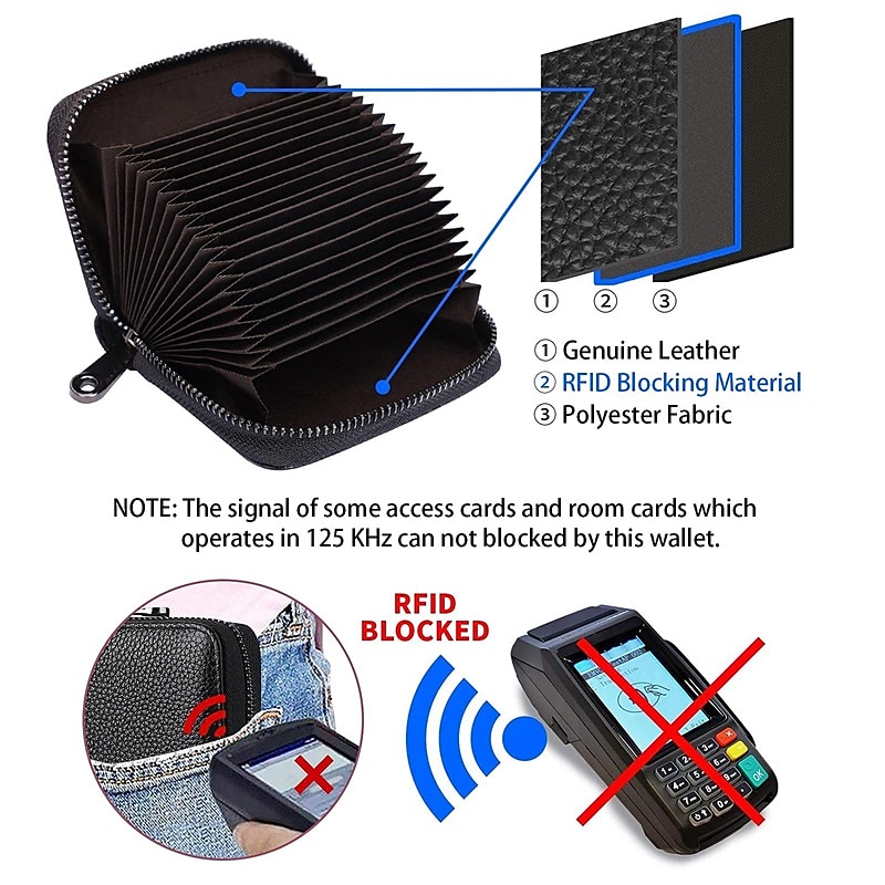 RFID 20 Card Slots Credit Card Holder Genuine Leather Small Card Case for Women or Men Accordion Wallet with Zipper3