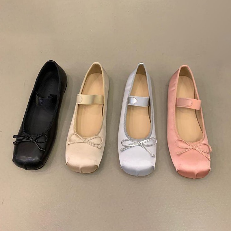Women's Elegant Satin Ballet Flats – Soft Square Toe Mary Jane Shoes with Bow Detail, Comfortable Slip-On for Casual & Formal Occasions