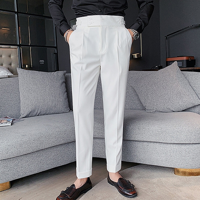 Men's Dress Pants Trousers Slacks Suit Pants Gurkha Pants Pocket High Rise Plain Comfort Soft Wedding Office Business Elegant Vintage Dark Khaki Black Micro-elastic2