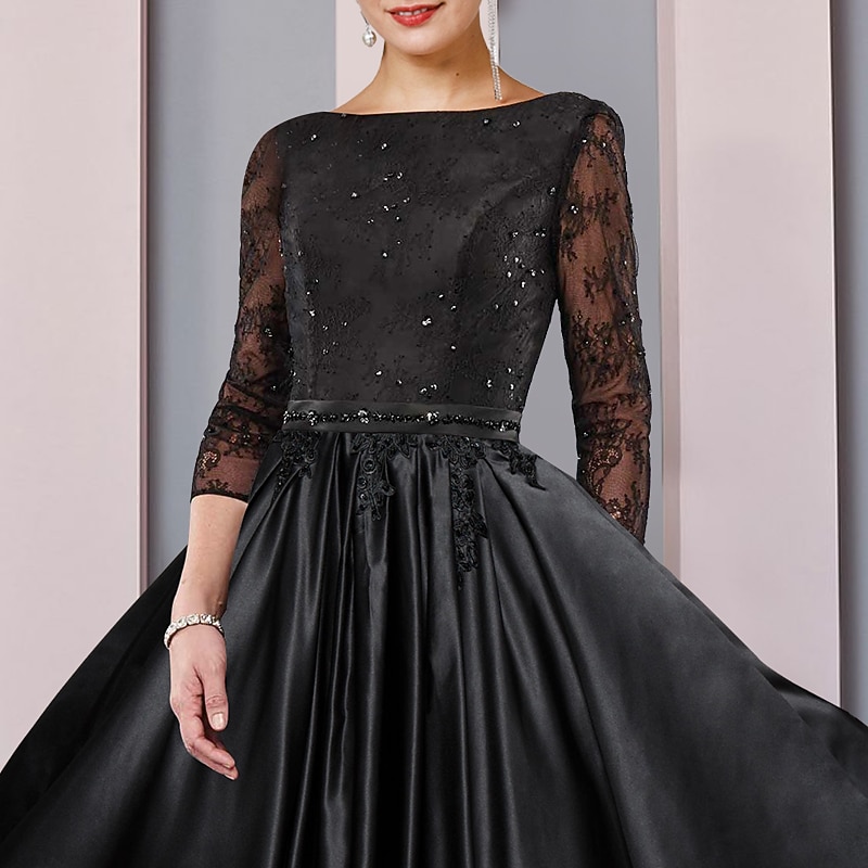 A-Line Mother of the Bride Dress Formal Wedding Guest Elegant Party Scoop Neck Tea Length Satin Lace 3/4 Length Sleeve with Sash / Ribbon Pleats3