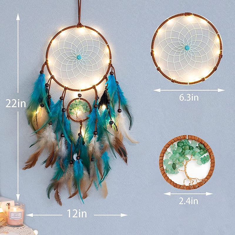 Dream Catcher for Wall Decor Blue Feather with Fairy Light Holiday Bedroom Home Wedding Decoration Birthday Party Blessing Gift3