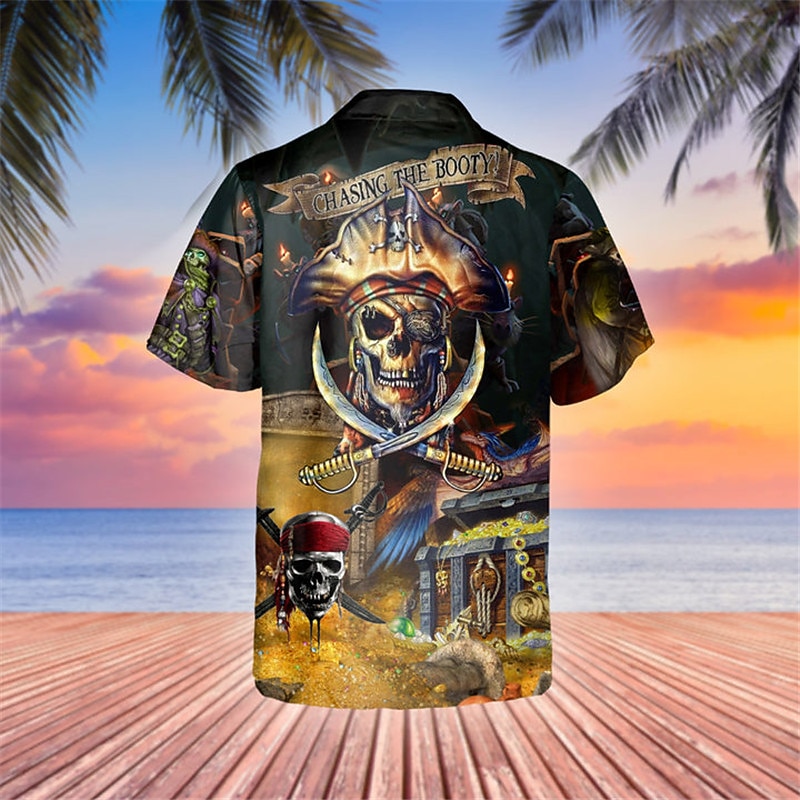Men's Skull Pirate Shirt Button Up Shirt Short Sleeve Tropical Sports Streetwear Casual Beach Summer Spring Turndown Print Button-Down Yellow2
