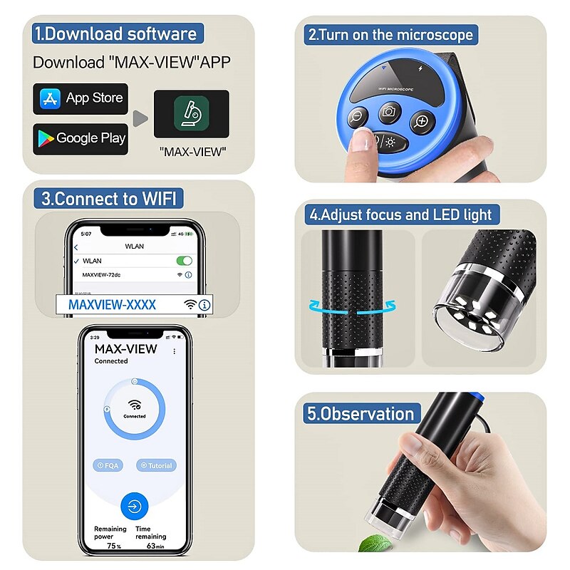 Wireless Digital Microscope 50X-1000X Magnification WiFi USB HD Portable Handheld Pocket Microscopes Camera with 8 Adjustable LED Compatible with iPhone iPad Android Windows Mac Computer4