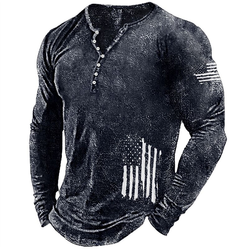 Men's Graphic Prints National Flag Henley Shirt Graphic Tee Long Sleeve Shirt Long Sleeve Hot Stamping Designer Basic Modern Contemporary Vacation Street Going out Spring &  Fall Black Red Navy Blue2