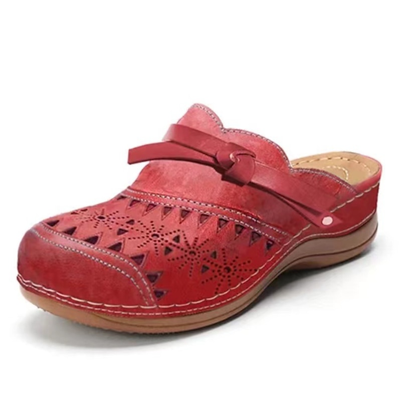 Women's Red Faux Leather Clogs – Vintage Style Slip-On Shoes with Laser-Cut Floral Design and Comfortable Cushioned Sole for Casual Everyday Wear2