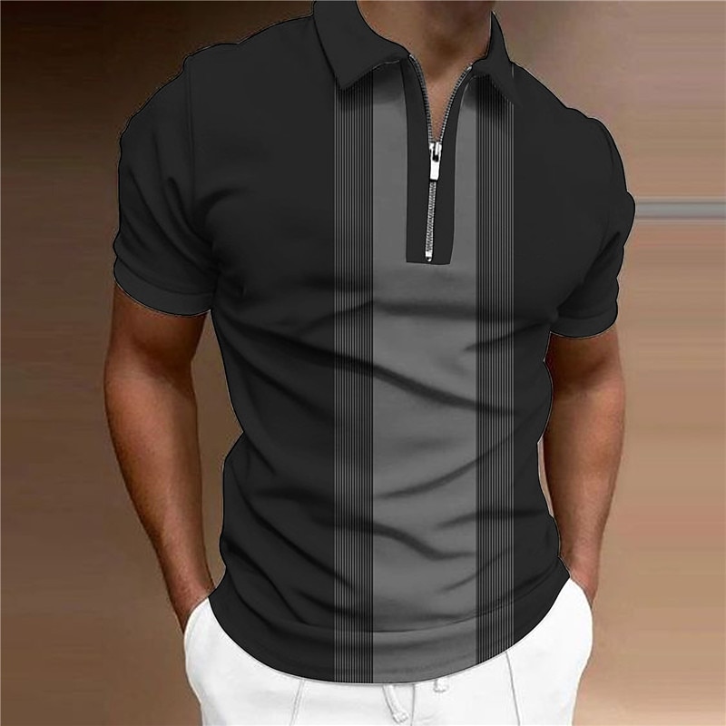 Men's Striped Zip Polo Shirts Golf Shirt Short Sleeve Polo Shirts Collared Shirts Business Casual WorkWear Formal Wear Festival Wear 3D Print Quarter Zip Polo Wine Blue Brown
