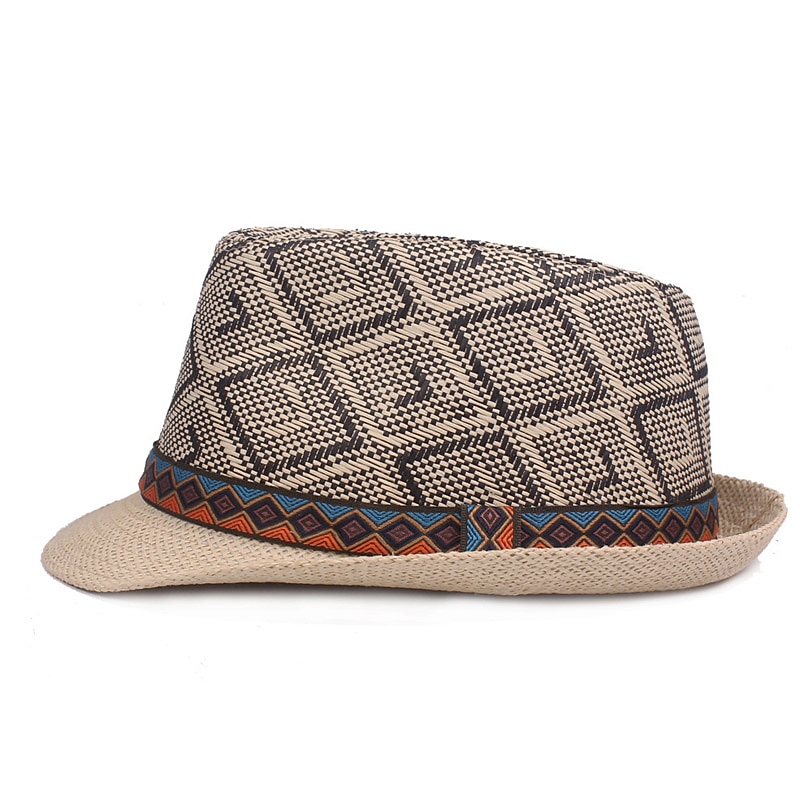 Men's Straw Hat Black Blue Licorice Braided Streetwear Stylish Casual Daily Outdoor clothing Holiday Diamond Pattern Sunscreen Breathability4