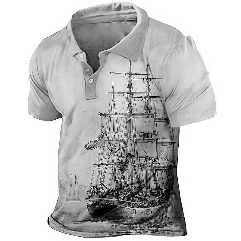 Men's Nautical Polo Shirts Golf Shirt Short Sleeve Polo Shirts Collared Shirts Vintage Casual Vacation Wear Boat Wear Party Outfits Buttons 3D Print Yellow Pink Blue