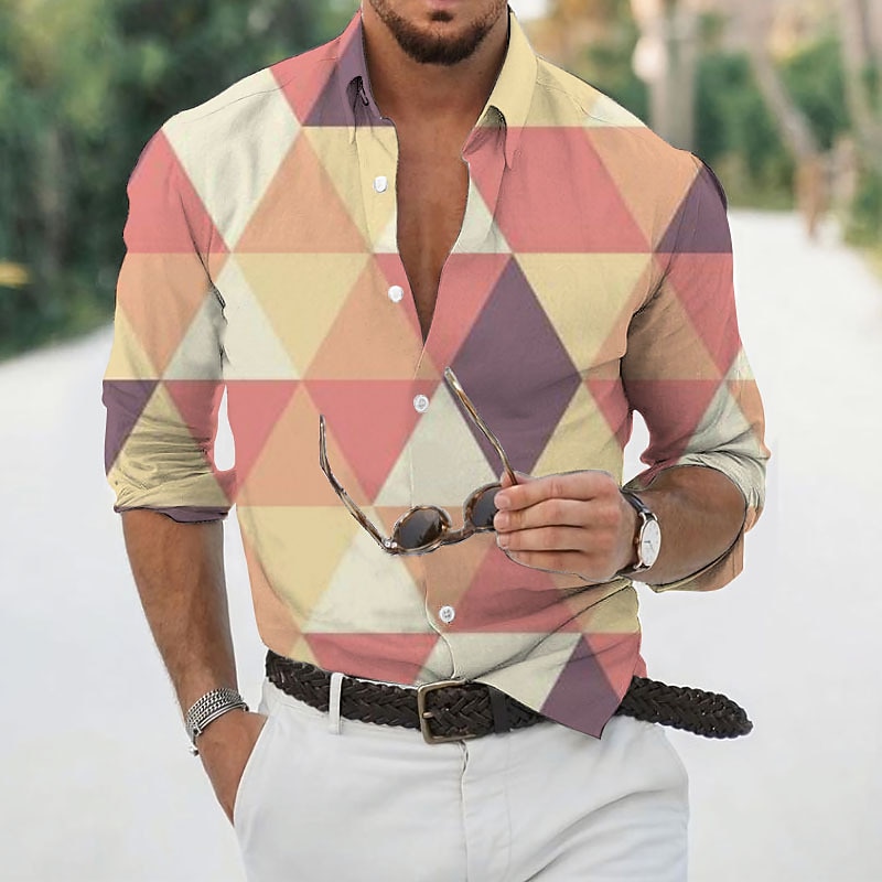 Men's Geometric Pattern Geometry Argyle Shirt Button Up Shirt Long Sleeve Tropical Fashion Designer Outdoor Casual Daily Fall & Winter Turndown Print Button-Down Yellow Light Green Pink Dusty Rose2