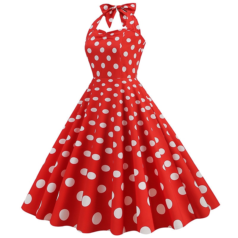 Retro Vintage 1950s Grease Outfits Vintage Inspired Knee Length Cocktail Dress Headband Swing Dress Sleeveless Bow Polka Dot Fit & Flare Halter Neck Fancy Dress Women's Carnival Valentine's Day2