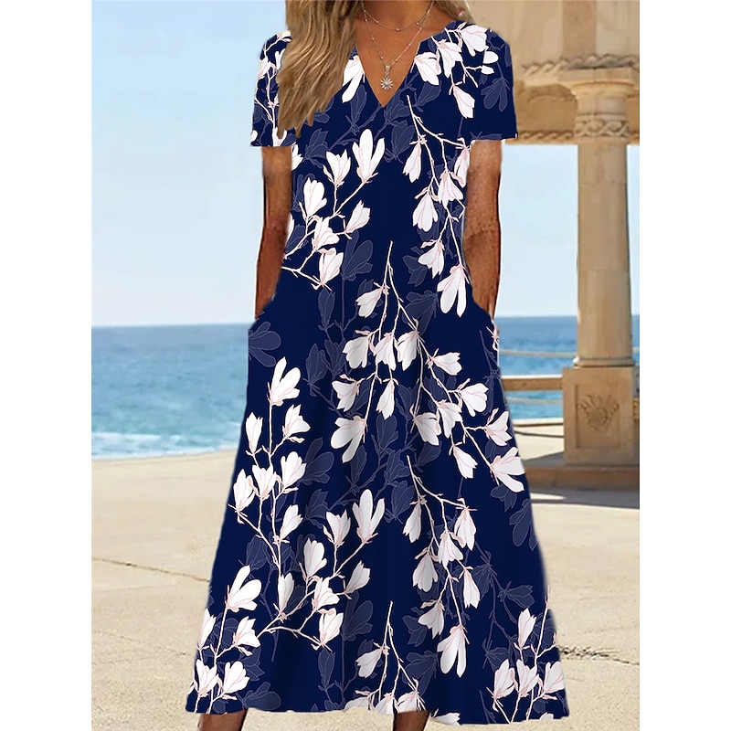 Women's Midi Dress Shift Dress Sundress Floral Pocket Print V Neck Date Vacation Short Sleeve Summer Spring3