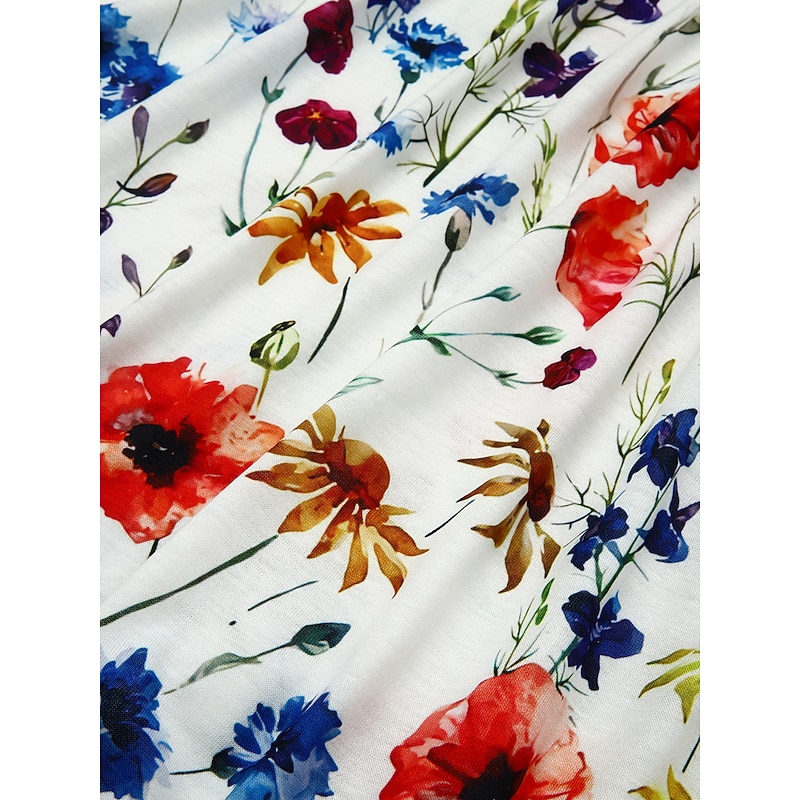 Women's Midi Dress Casual Dress Floral Dress White Short Sleeve Floral Ruched Spring Summer Crew Neck Basic Daily Vacation Weekend3
