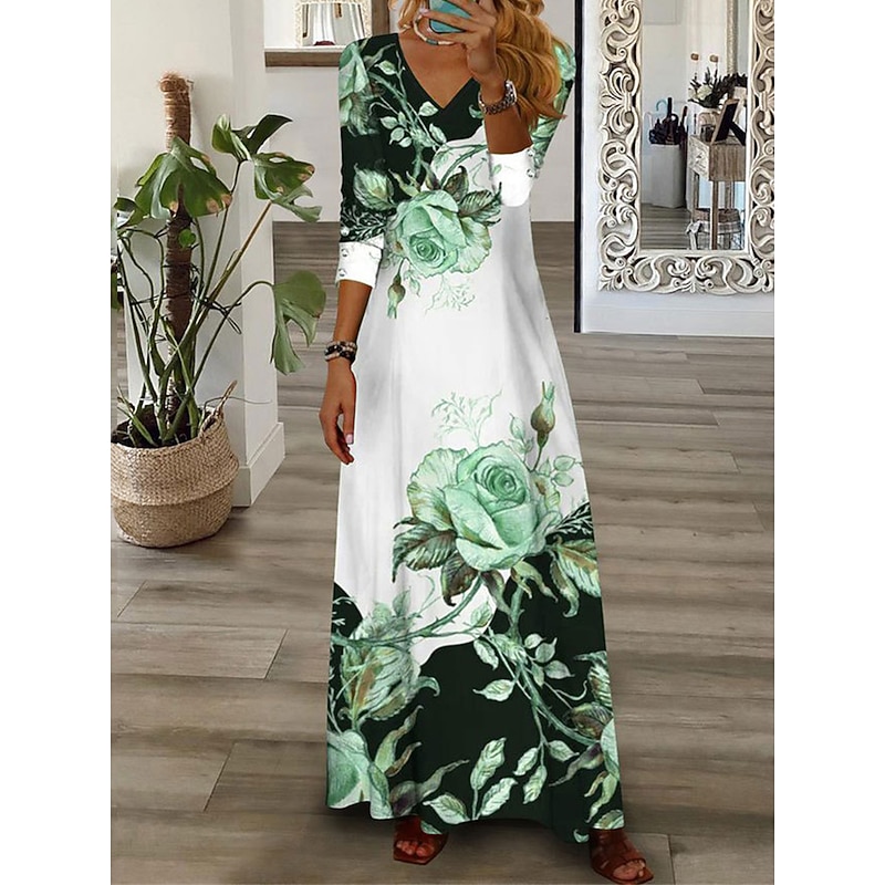 Women's Maxi Dress Casual Dress Floral Print V Neck Maxi long Dress Casual Daily Vacation 3/4 Length Sleeve Summer Spring4