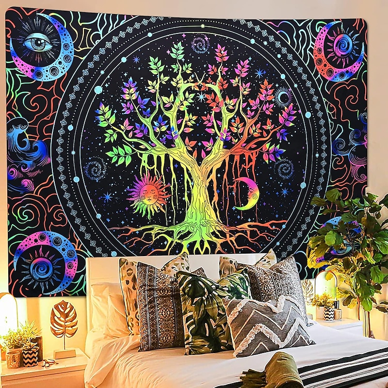 Blacklight Tapestry UV Reactive Glow in the Dark Glow Party Neon Tree of Life Mandala Psychedelic Trippy Misty Hanging Tapestry Wall Art Mural for Living Room Bedroom3