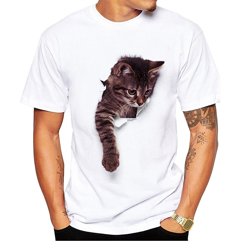 Men's Cool DJ Cat Graphic T-Shirt with Headphones & Sunglasses, White Short Sleeve Tee3