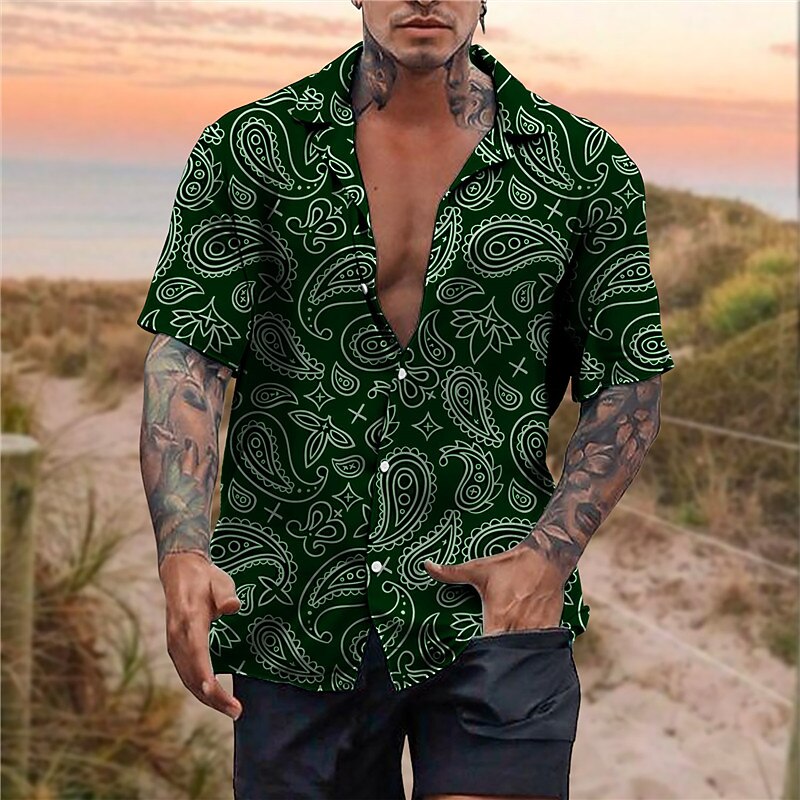Men's Floral Paisley Shirt Boho Shirt Button Up Shirt Short Sleeve Tropical Sports Fashion Casual Holiday Beach Summer Spring Cuban Collar Print Button-Down White Wine Green3