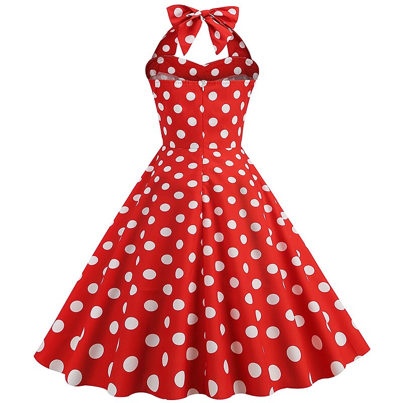 Retro Vintage 1950s Grease Outfits Vintage Inspired Knee Length Cocktail Dress Headband Swing Dress Sleeveless Bow Polka Dot Fit & Flare Halter Neck Fancy Dress Women's Carnival Valentine's Day3