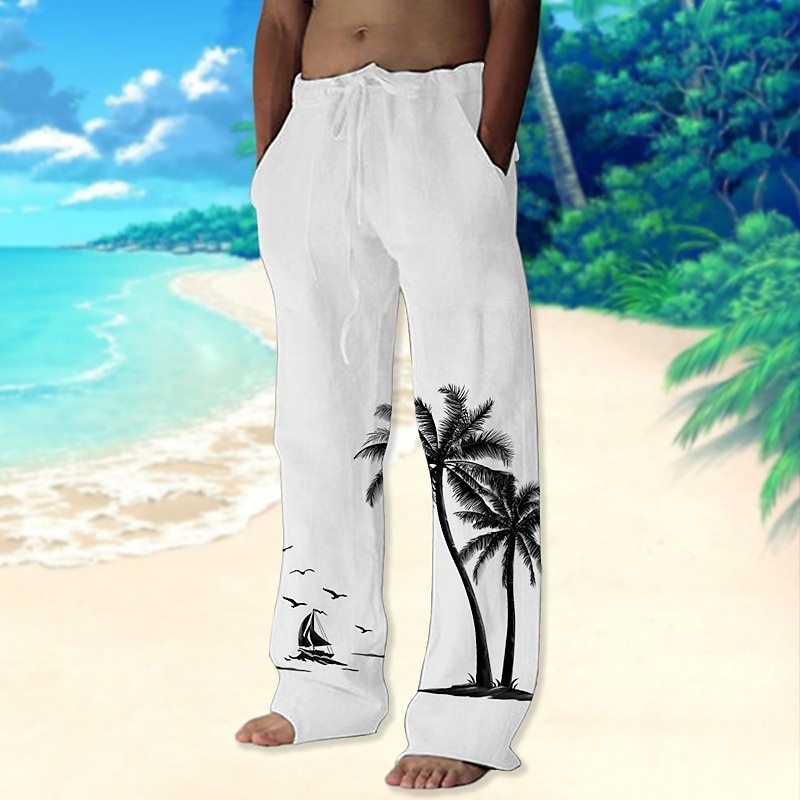 Men's Trousers Summer Pants Beach Pants Drawstring Elastic Waist Straight Leg Coconut Tree Graphic Prints Comfort Casual Daily Holiday Streetwear Hawaiian White Brown