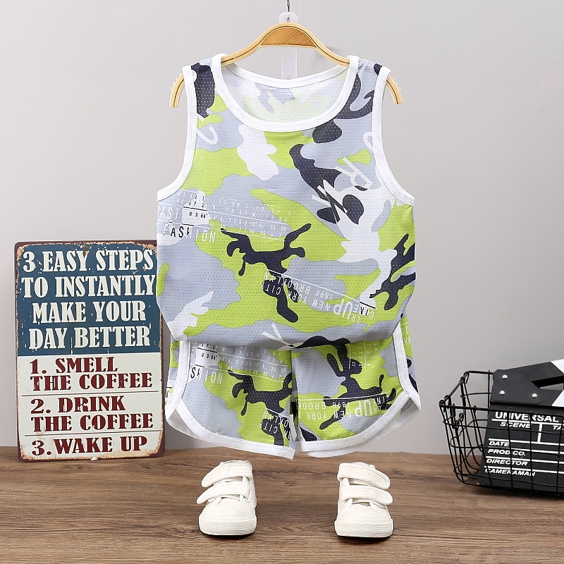 2 Pieces Kids Boys Tank & Shorts Outfit Cartoon Camo Sleeveless Cotton Set Casual Cool Daily Summer Spring 3-7 Years White Blue Sky Blue3