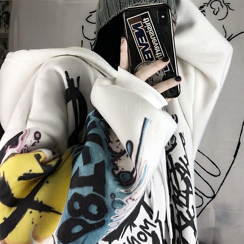 Smile Face Print Oversized Hoodie Sweater Punk Goth Hip-Hop Street BF Style Harajuku Women's Adults' Halloween Casual Daily2
