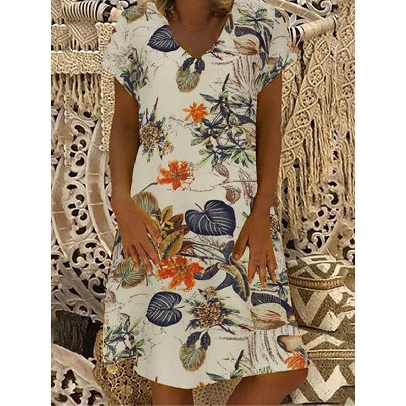 Women's Apricot Summer Spring Midi Dress Cotton Linen Dresses Casual Dress Cotton Summer Dress Basic Classic Casual Outdoor Vacation Daily Loose Fit Floral Leaf V Neck