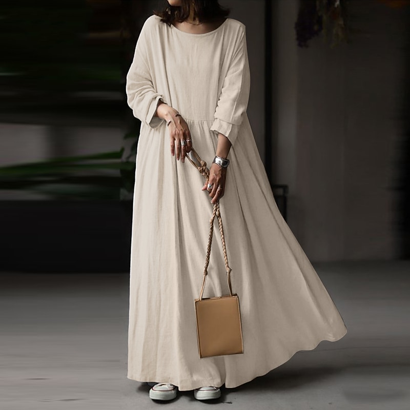 Women's Linen-Cotton Blend Maxi Dress Long Sleeve Loose Fit Patchwork Crew Neck Casual3