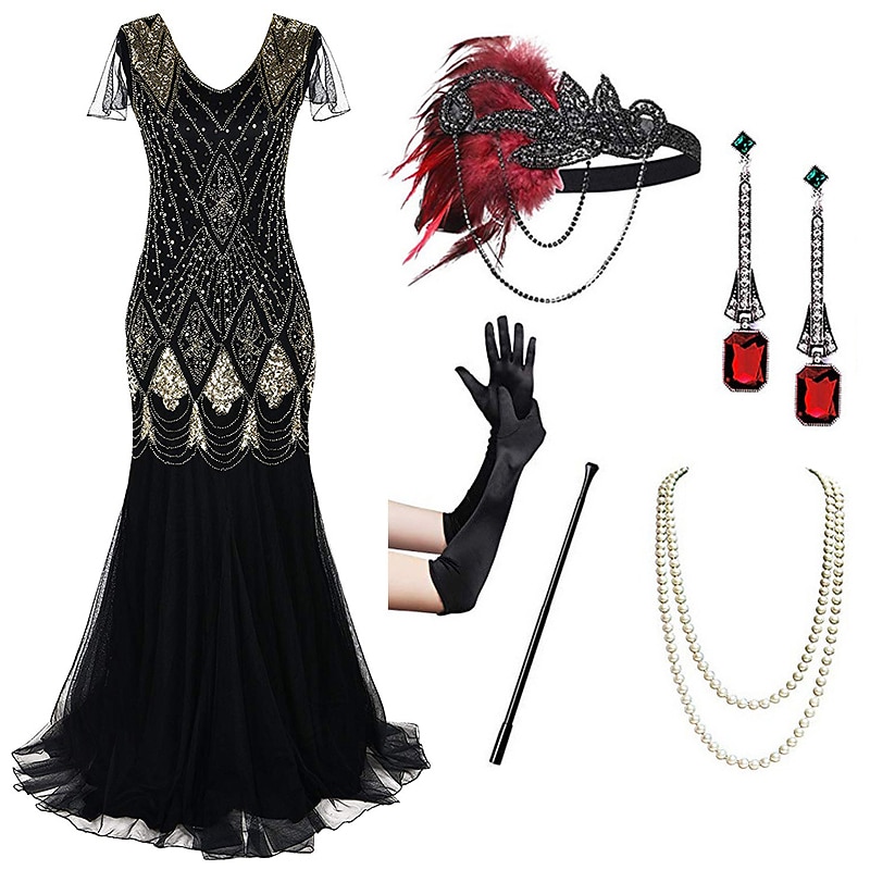 Flapper Dress The Great Gatsby 6 Pcs Retro Vintage Roaring 20s 1920s With Accessories Set Outfits Cocktail Dress Women's Sequins Costume Vintage Cosplay Party Evening Dress4