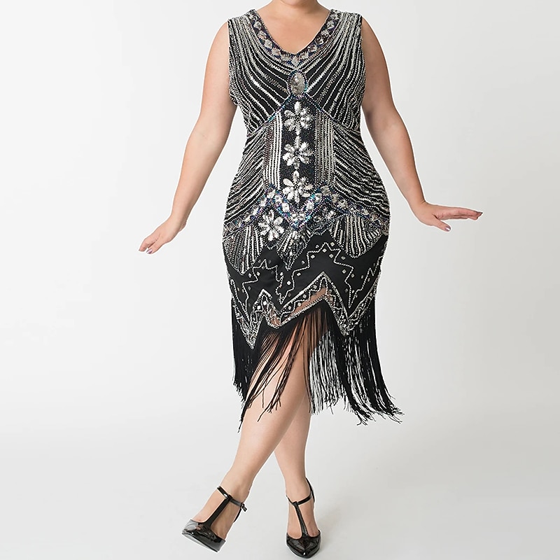 6 Pcs Flapper Dress with Accessories S-4XL Plus Size 1920s Cocktail Dress Feather Headband Earings Necklace Gloves Plastic Cigarette Holder Sequins Tassel Fringe Party Evening Prom Masquerade2