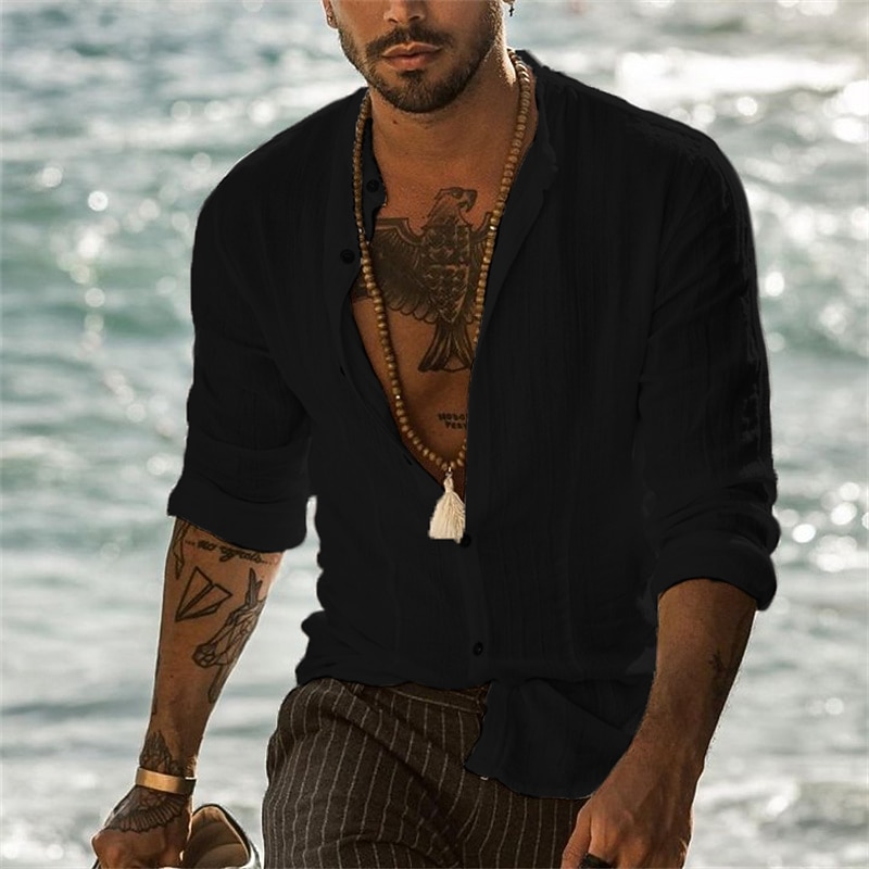 Men's Band Collar Shirt Summer Shirt Beach Wear Button Up Shirt Solid Color Vacation Curise Black White Gray Light Blue Long Sleeve Henley Spring &  Fall Clothing Apparel Button-Down3