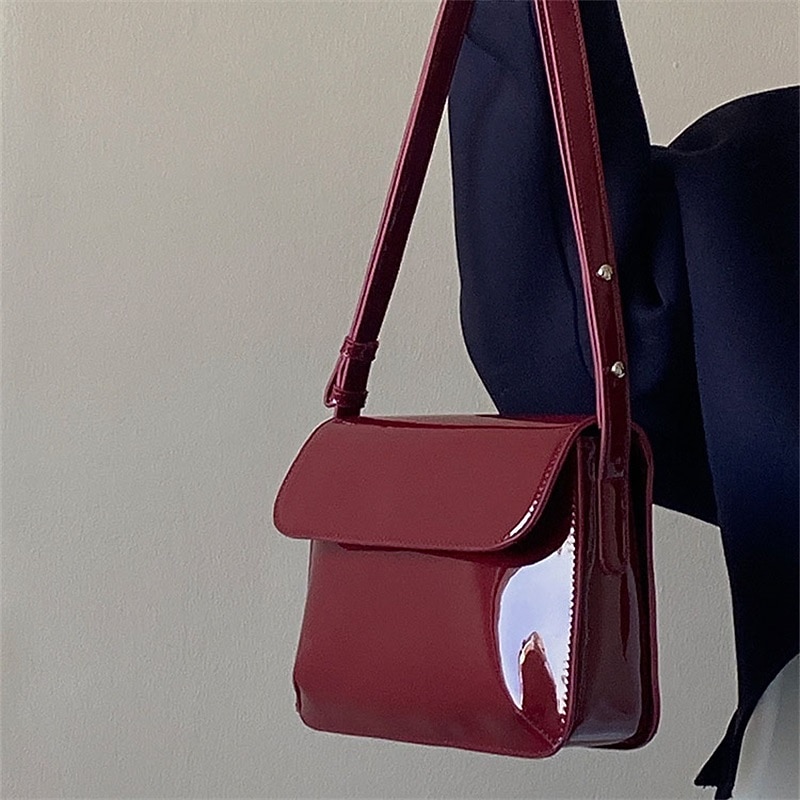 Women's Burgundy Patent Leather Crossbody Bag, Chic Small Adjustable Shoulder Bag for Stylish Versatile Use