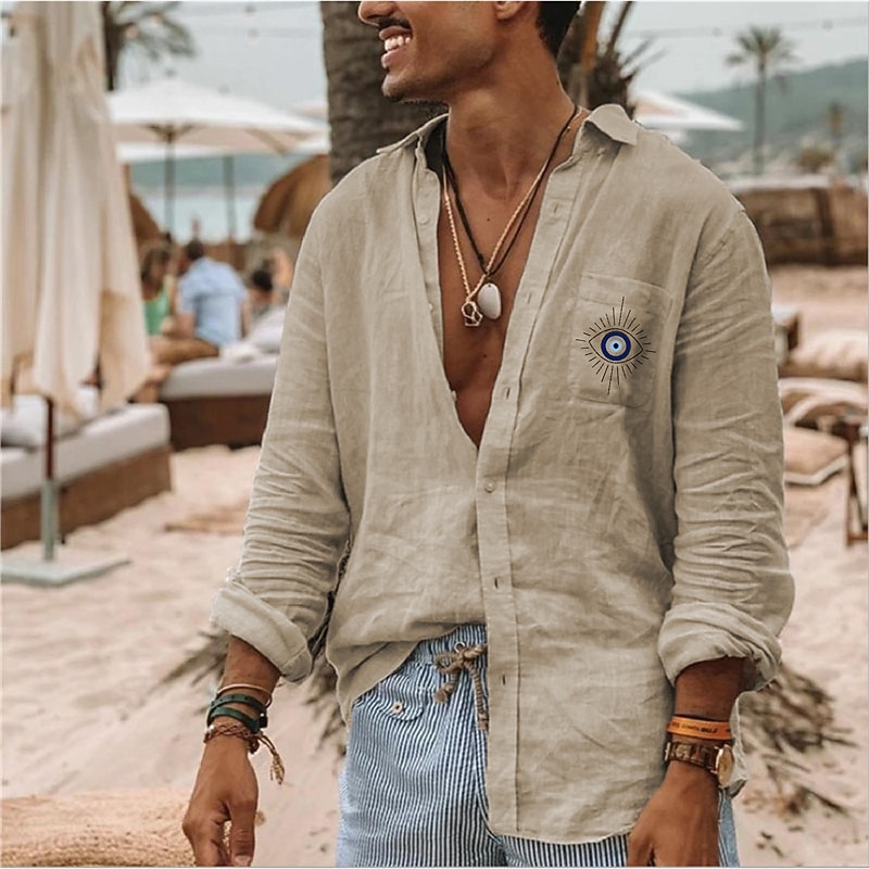 Men's Linen Shirt Summer Shirt Beach Shirt Designer Shirt Graphic Outdoor Street White Blue Green Khaki Long Sleeve Turndown Summer Spring Clothing Apparel Print3