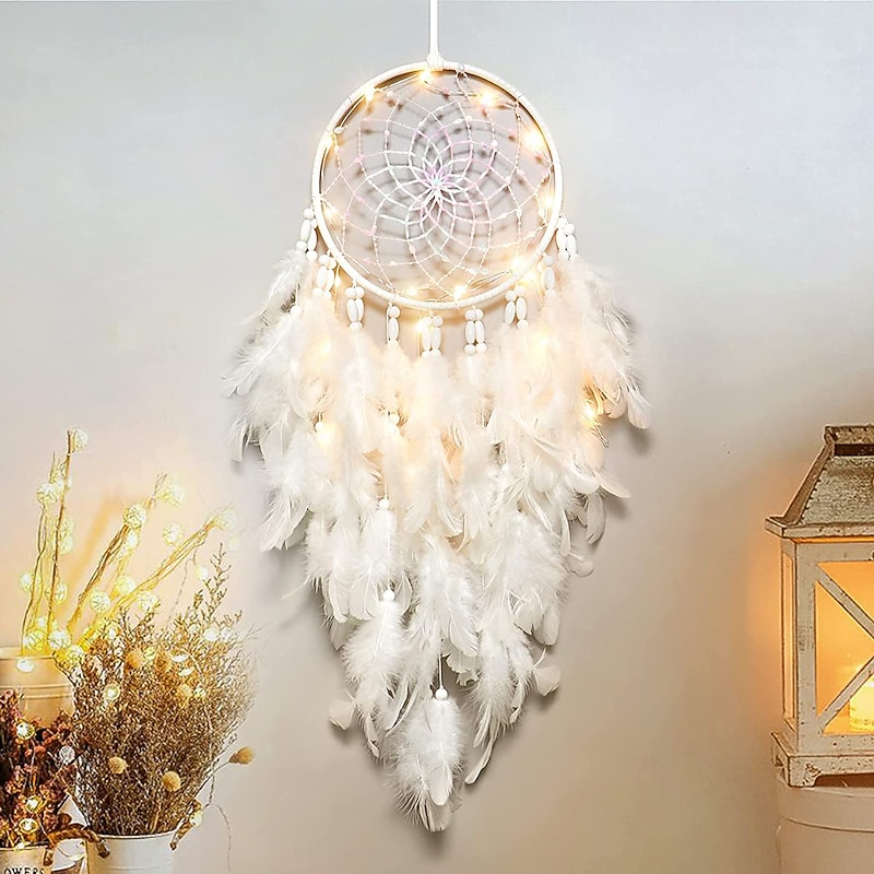 LED Dream Catcher White Feather Fairy Lights Creative Wall Hanging Holiday Bedroom Home Wedding Balcony Garden Decoration Wind Chimes Light Birthday Blessing Gift2