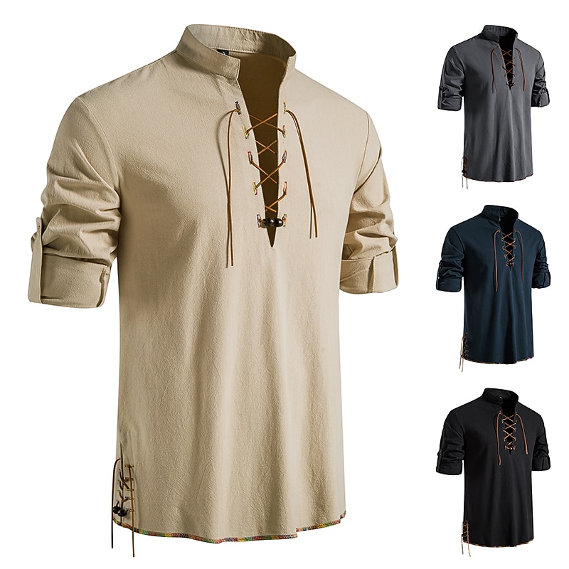 Men's Linen Shirt Summer Shirt Casual Shirt Beach Shirt Holiday Vacation Daily Sea Blue Black Khaki Dark Gray Short Sleeve Standing Collar Clothing Apparel