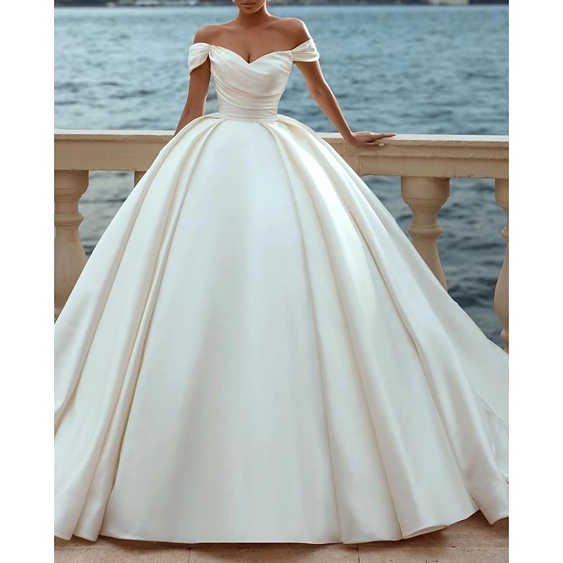 Engagement Formal Wedding Dresses Ball Gown Off Shoulder Cap Sleeve Court Train Satin Bridal Gowns With Ruched Solid Color
