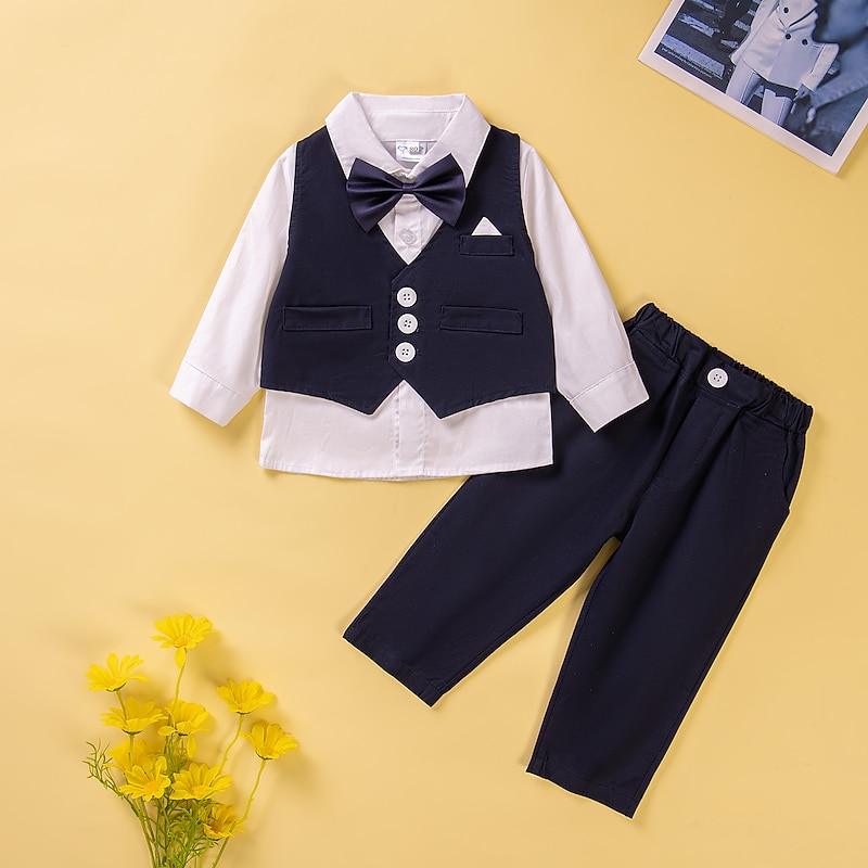 3 Pieces Toddler Boys Shirt & Pants Outfit Solid Color Long Sleeve Buttons Cotton Set School Fashion Daily Spring Fall 1-3 Years Black Royal Blue Sky Blue
