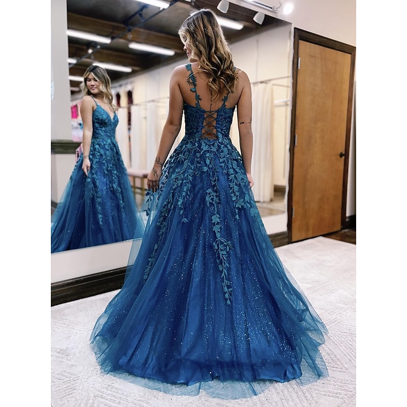 Ball Gown A-Line Prom Dresses Sparkle & Shine Dress Formal Wedding Party Floor Length Sleeveless V Neck Tulle Backless with Glitter Appliques2