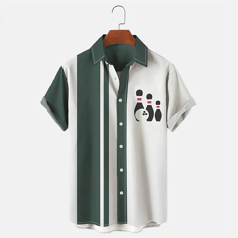 Men's Striped Bowling Ball Shirt Bowling Shirt Button Up Shirt Short Sleeve Sports Fashion Streetwear Outdoor Casual Daily Summer Spring Turndown Print Button-Down Yellow Light Green Blue Green Dark4