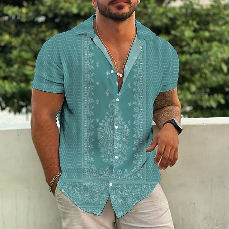 Men's Ethnic Shirt Boho Shirt Short Sleeve Tropical Fashion Hawaiian Casual Holiday Beach Summer Spring Turndown Print Button-Down Black Yellow Army Green Red Blue4