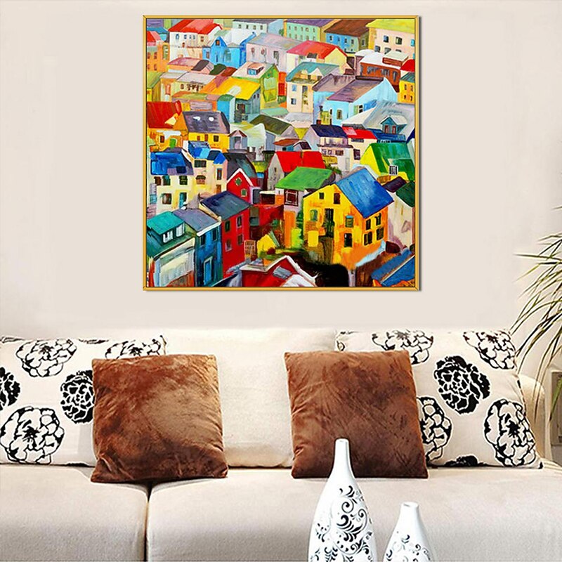 Handmade Oil Painting Canvas Wall Art Decoration Modern Abstract Village Colorful House Home Living Room Decor Rolled Frameless Unstretched Painting4